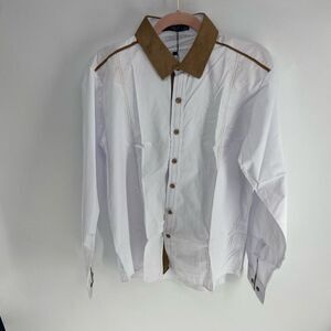 Modfine Women's White Faux Suede Trim Long Sleeve Button-Up Shirt Medium NWT